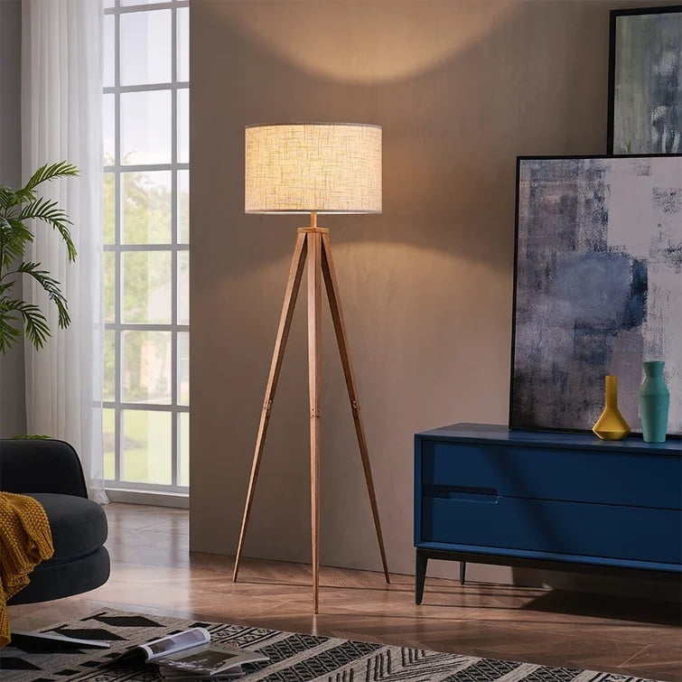 Rosen Garden Floor Lamp with Tripod Legs and Drum Shape Shade for Modern Living Room in Brown Beige Color
