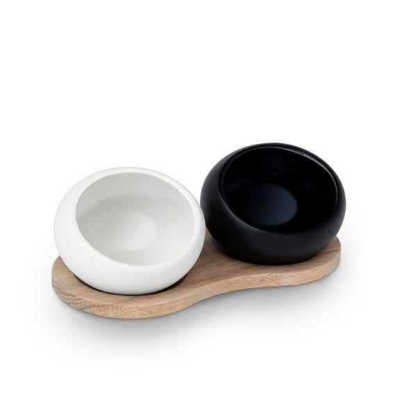 Rosendahl Salt and Pepper Cellar Set - Elegant White & Black Porcelain with European Oak Holder, Scandinavian Design, Compact and Functional for Contemporary Dining Tables