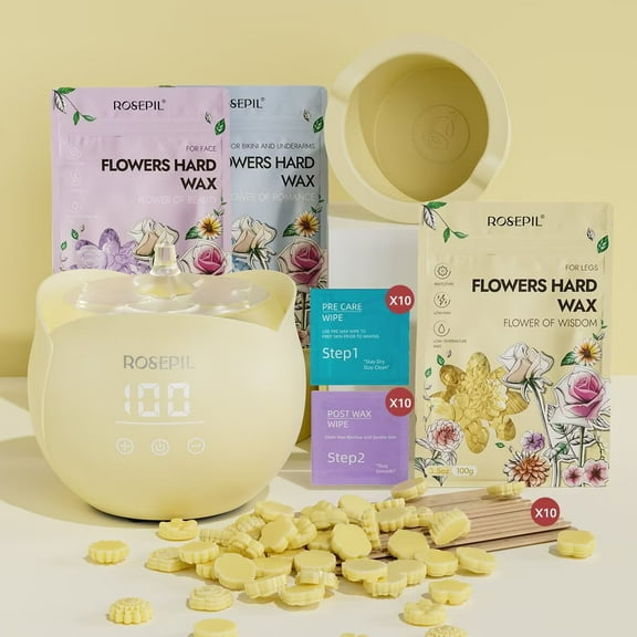 Rosepil Digital Home-use Wax Warmer Kit,Yellow Floral Brazilian Wax Hair Removal Waxing Kit for Women Men with 10.6 Hard Wax Beads, Waxing Oils & Accessories
