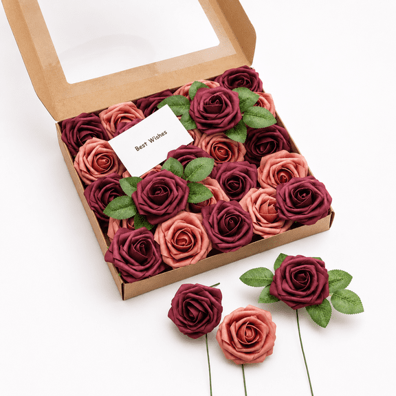 Roses Artificial Flowers 25pcs Realistic Fake Roses W/Stem for DIY Bouquets Pink