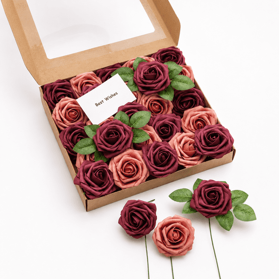 Roses Artificial Flowers 25pcs Realistic Fake Roses W/Stem for DIY Bouquets Pink