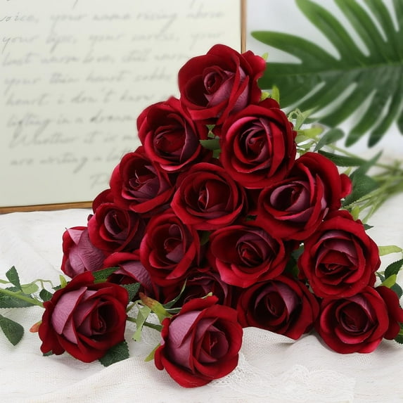 Roses Artificial Flowers, Fake Velvet Silk Roses in Bulk for Home Decor Indoor, Fake Roses Realistic Flowers with Stems for Wedding Centerpiece Party Decor (24, Purplish Red)
