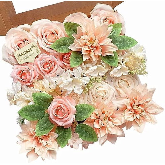 Roses Artificial Flowers Peach Bouquet Box Set Fake Flower for DIY Bridal Wedding Shower Decorations Table Centerpieces Faux Silk Floral Arrangement for Party Home Decor Indoor Pink