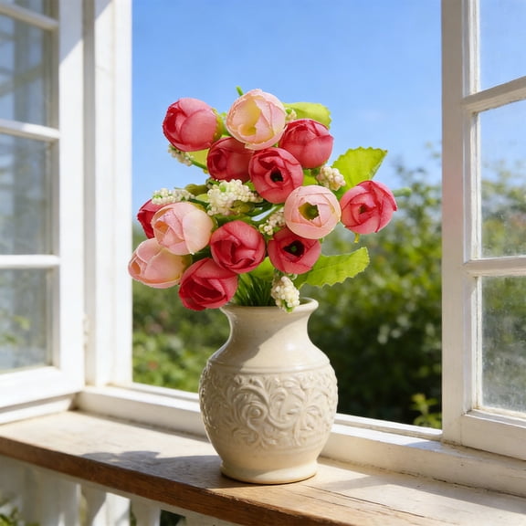 Roses Artificial Flowers,Realistic Flowers,Fake Flowers,9In Artificial Mini Roses,Lifelike Fabric Fake Rose Bouquet For Wedding,Living Room,Tabletop And Artistic Floral Arrangement.(Pink)