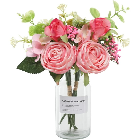 Roses Artificial Flowers in Vase,Realistic Floral Fake Roses Bouquet Silk Flower Arrangement with Vase Faux Roses with Stems for Table Centerpieces Home Office Kitchen Decor (Green)