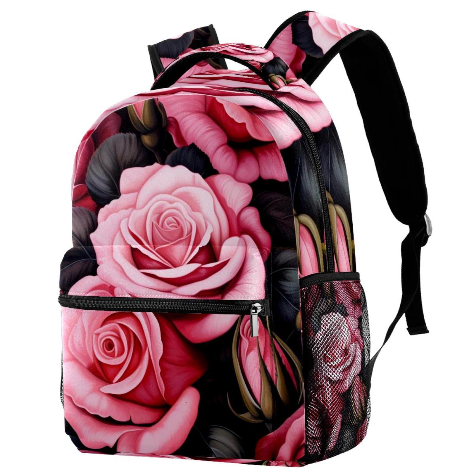 New Embroidered Floral Backpack - Black with Pink Roses Casual Black White Stripes Pink Roses Backpack for School  main image 3