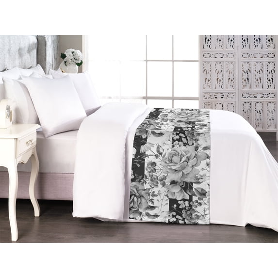 Roses Bed Runner, Black and White English Garden Detailed Sketchy Blossoms on Monochrome Stripes, Decorative Accent Bedding Scarf for Hotels Homes & Guest Rooms, King, Grey and White, by Ambesonne