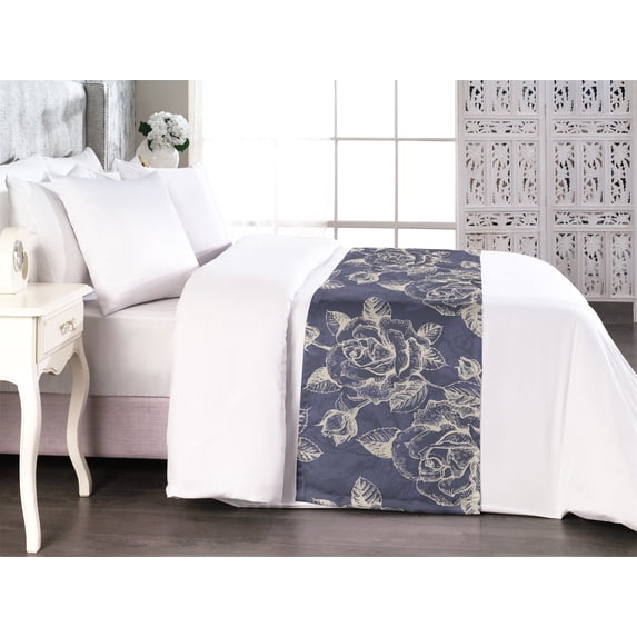 Roses Bed Runner, Blossoming Petals Wild Flowers and Leaves Romantic Feels Vintage Concept, Decorative Accent Bedding Scarf for Hotels Homes & Guest Rooms, Queen, Beige and Dark Indigo, by Ambesonne