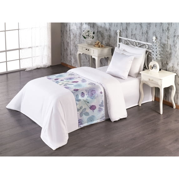 Roses Bed Runner, Pastel Colored Repetitive Flowers and Leaves on Bokeh Like Soft Hues, Decorative Accent Bedding Scarf for Hotels Homes & Guest Rooms, Twin, Mauve and Pale Blue Grey, by Ambesonne