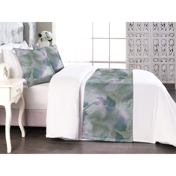 Roses Bed Runner Set, Blurry Style Abstract Flowers Watercolor Painting Style Pattern Print, Decorative Bedding Scarf & 2 Pillow Shams for Hotels Homes, King, Mint Green Lilac and Grey, by Ambesonne