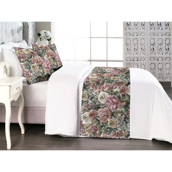 Roses Bed Runner Set, Exotic Garden of Blossoming Wild Flowers Botanical Watercolor Ornament, Decorative Bedding Scarf & 2 Pillow Shams for Hotels Homes, Queen, Sage Green Pink and Blush, by Ambesonne
