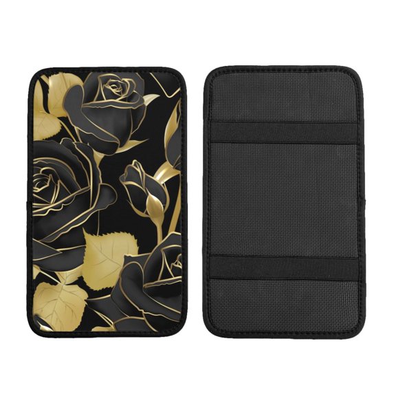 Roses Black And Golden Leaf Glitter Car Armrest Cover Center Console Pad - Neoprene Cushion with Elastic Straps Universal Fit for Vehicles SUV