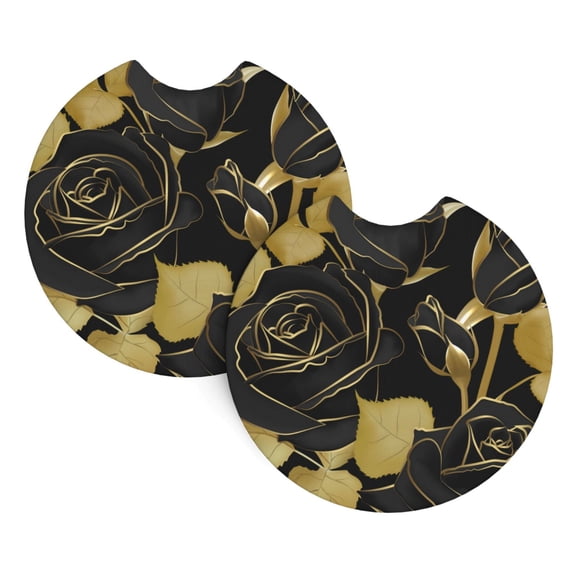 Roses Black And Golden Leaf Glitter Car Cup Holder Pad 2-Pack Neoprene Coasters for Auto Interior Waterproof Universal Fit for Most Vehicles