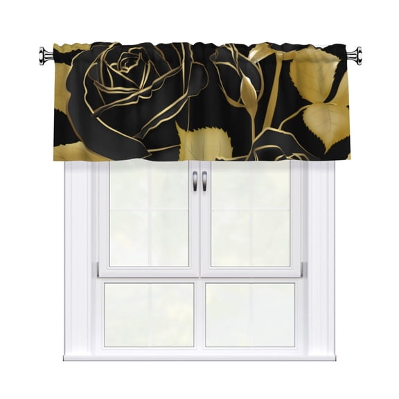 Roses Black And Golden Leaf Glitter Valance Curtains Window Rod Pocket Valances for Living Room Bedroom Decor 54 x 18 Inches, 1 Panel