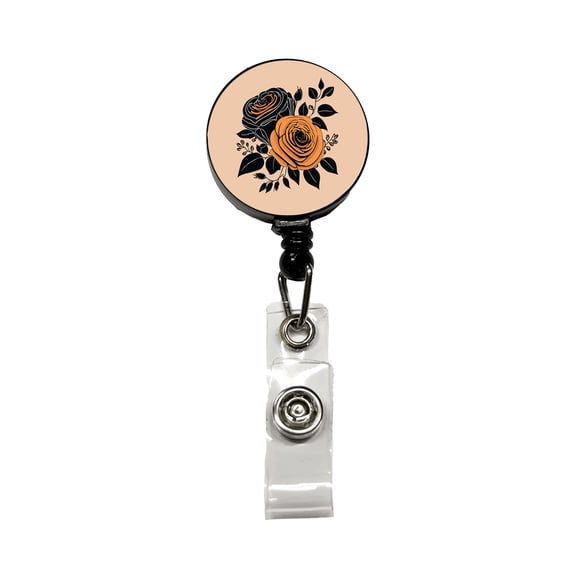 Roses Black Orange Fall Autumn Thanksgiving Halloween Motif Retractable Reel ID Badge Key Card Name Tag Holder with Clip