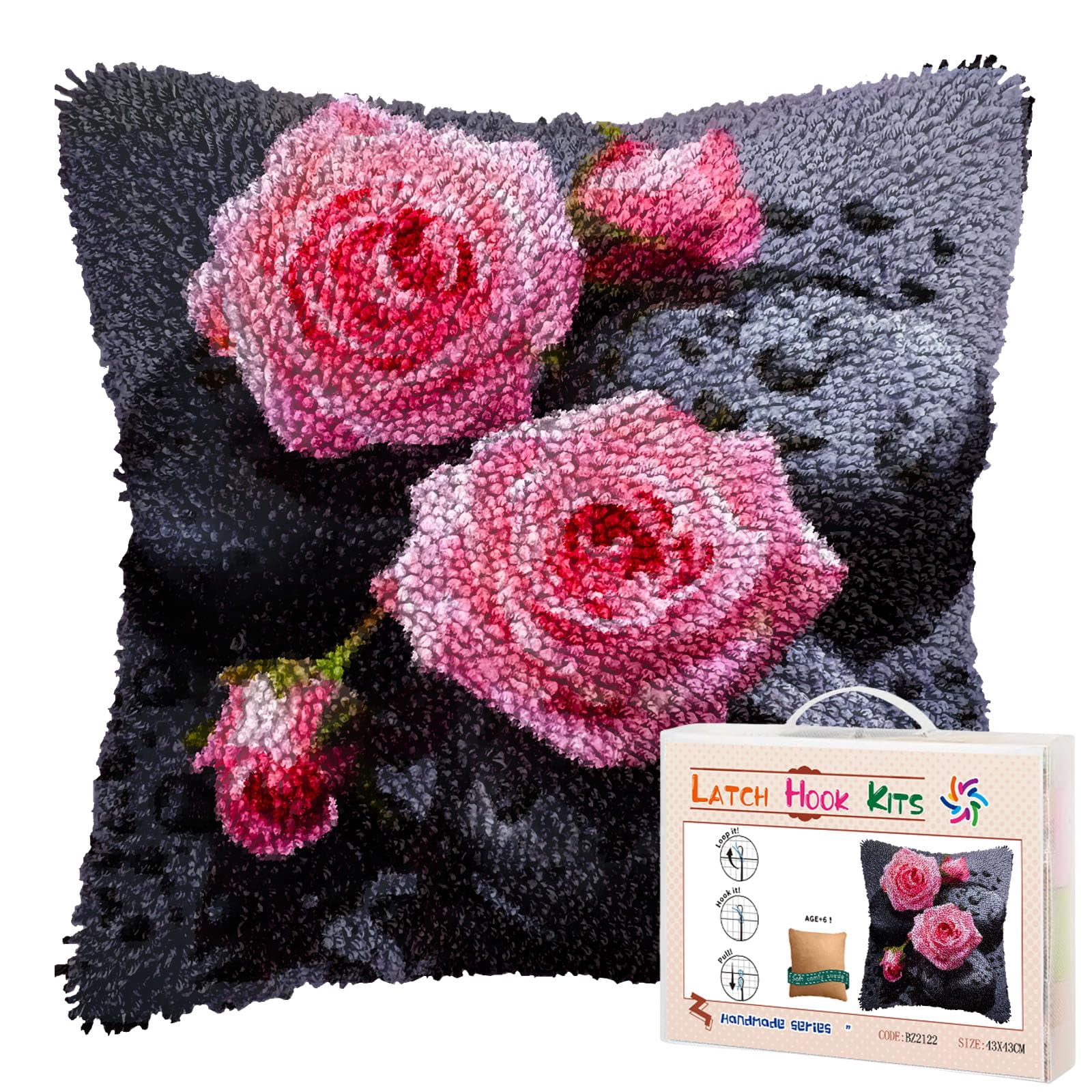 Roses and Black Stone DIY Latch Hook Pillow Kits for Adults Printed Pillowcase Crochet Yarns Hooking Handmade Pillow Cover Cushion for Home Sofa Decoration 17x17inch