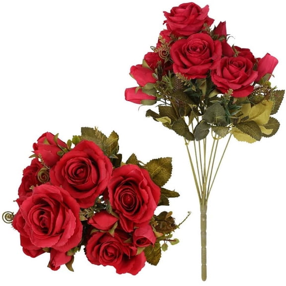 Roses Bouquet Artificial Silk Flowers,2PCS Realistic Fake Roses Artificial Flowers with 9 Branch 12 Roses Heads Arrangement for Wedding Party Home Office Decoration (White)