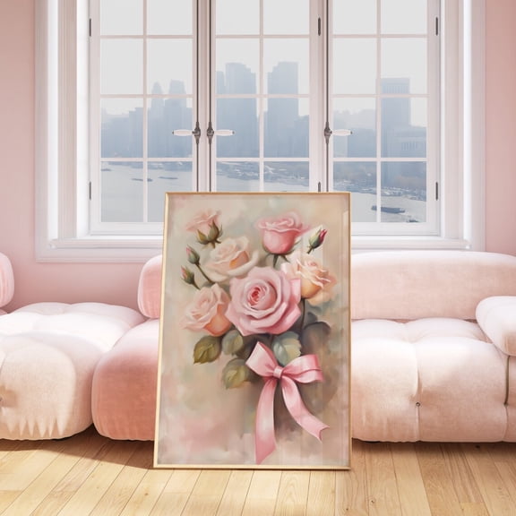 Roses Bouquet Print Pink Bow Botanical Floral Rustic Wall Decoration, Unframed Paper Poster 8x10in