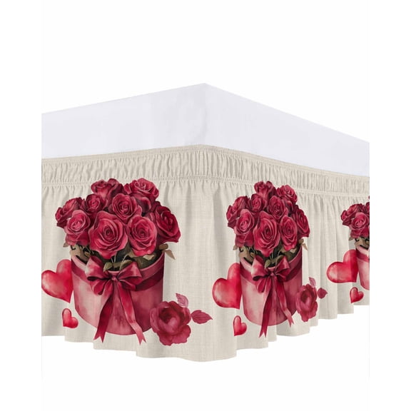 Roses Bow Box Bed Skirt Queen Size 16 Inch Drop, Valentine's Day Love Heart Adjustable Elastic Dust Ruffles Bedskirt for Queen Bed Wrap Around Pleated Mattress Frame Cover