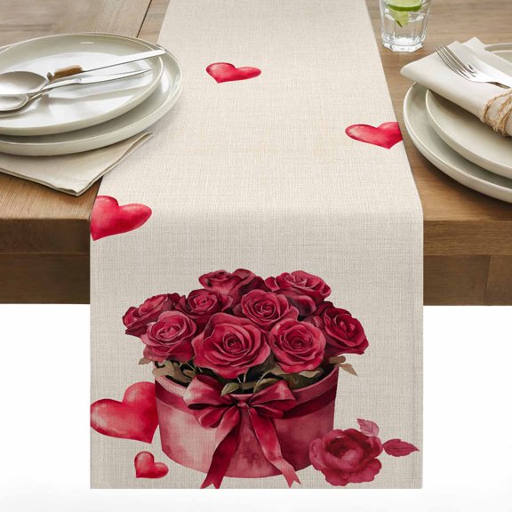 Roses Bow Box Table Runner 13x36 inch Valentine's Day Love Heart Cotton Linen Dining Table Runner Ideal for Dresser Kitchen Coffee Tables - Machine Washable