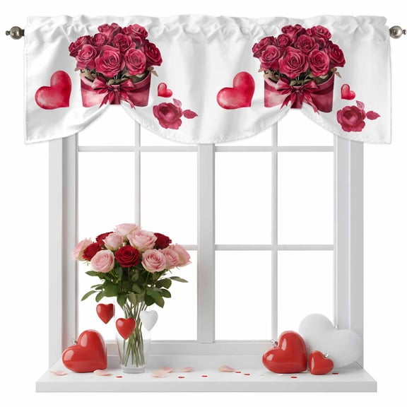 Roses Bow Box Tie Up Valance for Windows, Valentine's Day Love Heart Adjustable Rod Pocket Tie Up Valance Curtains Window Treatment for Kitchen Bathroom Bedroom 42 X 12 Inch
