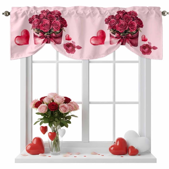 Roses Bow Box Tie Up Valance for Windows, Valentine's Day Love Heart Adjustable Rod Pocket Tie Up Valance Curtains Window Treatment for Kitchen Bathroom Bedroom 42 X 12 Inch