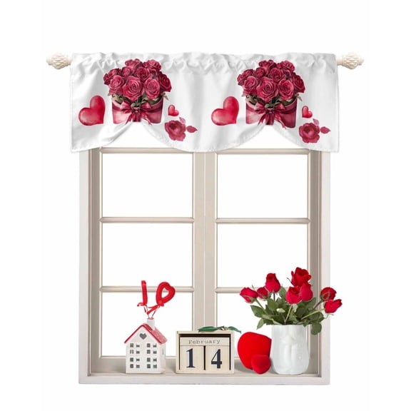 Roses Bow Box Tie Up Valances Curtain, Valentine's Day Love Heart Adjustable Rod Pocket Short Window Treatment Tie Up Curtains Valances for Kitchen Living Room Bathroom 42x12 Inches