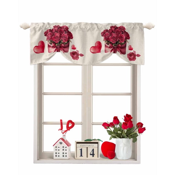 Roses Bow Box Tie Up Valances Curtain, Valentine's Day Love Heart Adjustable Rod Pocket Short Window Treatment Tie Up Curtains Valances for Kitchen Living Room Bathroom 42x12 Inches