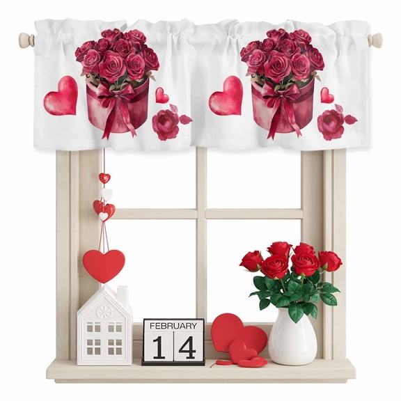 Roses Bow Box Valances for Windows, Valentine's Day Love Heart Rod Pocket Valance Short Window Treatments Curtains for Kitchen Bathroom Bedroom Decor, 42 x 12 Inches