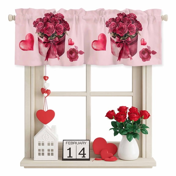 Roses Bow Box Valances for Windows, Valentine's Day Love Heart Rod Pocket Valance Short Window Treatments Curtains for Kitchen Bathroom Bedroom Decor, 60 x 18 Inches