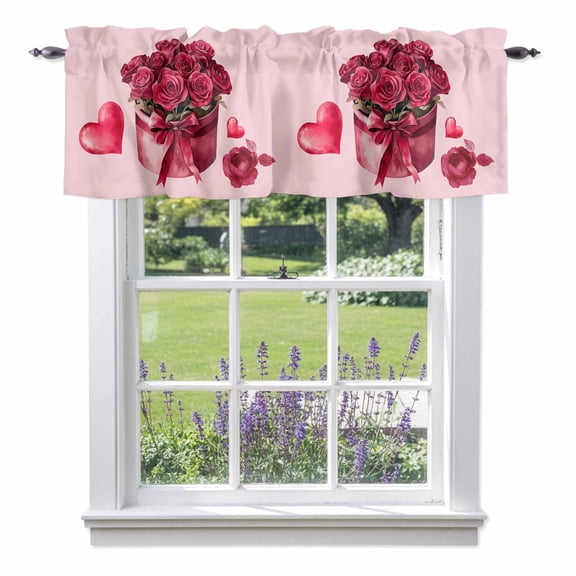 Roses Bow Box Valances for Windows, Valentine's Day Love Heart Valance Window Treatment Rod Pocket Short Curtains Valances for Kitchen Bathroom 54"W x 18"L