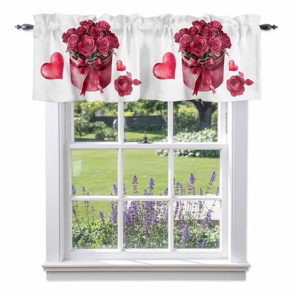 Roses Bow Box Valances for Windows, Valentine's Day Love Heart Valance Window Treatment Rod Pocket Short Curtains Valances for Kitchen Bathroom 54"W x 18"L