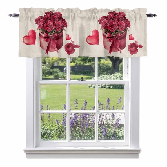 Roses Bow Box Valances for Windows, Valentine's Day Love Heart Valance Window Treatment Rod Pocket Short Curtains Valances for Kitchen Bathroom 56"W x 16"L