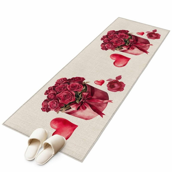 Roses Bow Box Washable Area Rug 2 x 6 ft Valentine's Day Love Heart, Soft Non Slip Rugs Stain Repellent Indoor Felt Carpet for Living Dining Room Bedroom Home Office