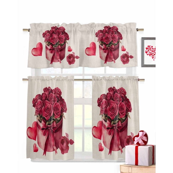Roses Bow Box Window Curtains Valance Set of 3 Valentine's Day Love Heart Linen Background Rod Pocket Small Kitchen Curtain, Soft Window Treatment for Bedroom Party Holiday Decor
