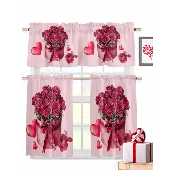 Roses Bow Box Window Curtains Valance Set of 3 Valentine's Day Love Heart Pink Background Rod Pocket Small Kitchen Curtain, Soft Window Treatment for Bedroom Party Holiday Decor