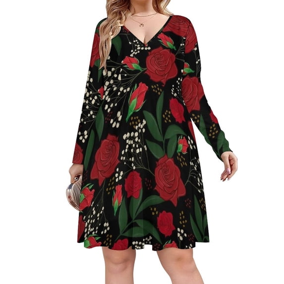 Roses Buds Leaves Black Long Sleeve Dresses For Women Vintage Elegant Party Dress Oversized V-neck Dress S-8XL