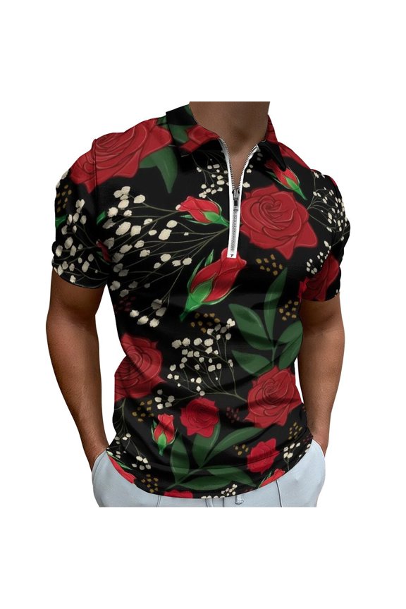 Roses Buds Leaves Black Men Zipper T-shirt Summer Casual Short Sleeve T-shirt Top