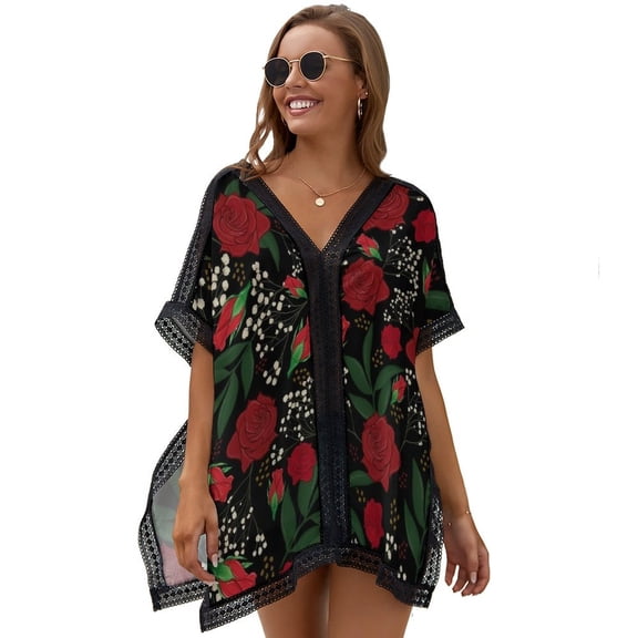 Roses Buds Leaves Black Printed Women's Swimsuit Cover Up Summer Swimsuit Dress