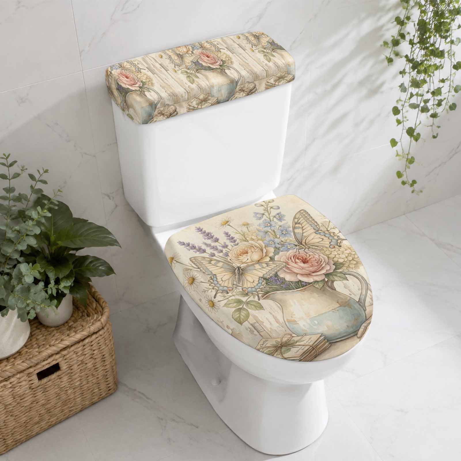 Roses Butterflies Toilet Lid Cover with Tank Cover Set 2pcs, Stretch ...