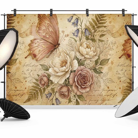 Roses Butterfly Backdrops for Photography, Ferns Lavender Script Background Romantic Fabric Photo Background Sturdy Studio Props for Photo Studio, Video Recording, Booth & Photoshoot 12x8ft