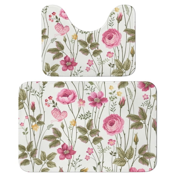 Roses Butterfly Bathroom Rugs Set 2 Pieces, Bathroom Set - Quick Drying Bath Mat And U-Shaped Toilet Rug, Water Absorbent Bath Carpet For Bedroom Floor Living Room, Machine Washable