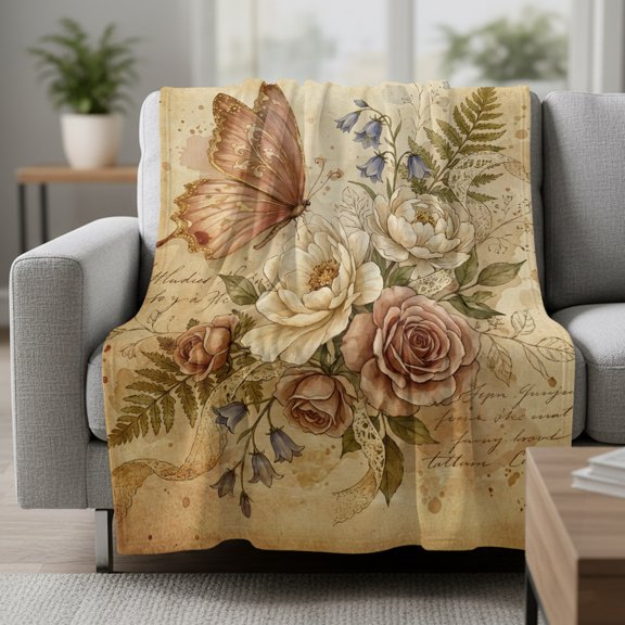 Roses Butterfly Fleece Throw Blanket Ferns Lavender Script Background Romantic Ultra Soft Fuzzy Cozy Flannel Throw Blanket for Couch Sofa Bed Car Travel, Ideal Gifts 50x60 Inches