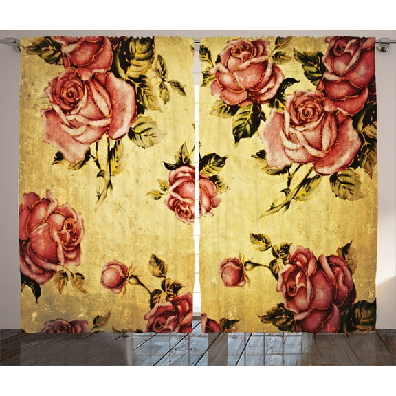 Ambesonne Rose Curtains 2 Panel Set, Victorian Style Pattern, 108" x 84", Cream Pink Green