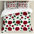 thumbnail image 1 of Roses Duvet Cover Set King Size, Sweet Romance Pattern with Big Little Petals and Leaves in Doodle Style, 3 Piece Bedding Set with 2 Pillow Shams, Green Vermilion White, by Ambesonne, 1 of 3