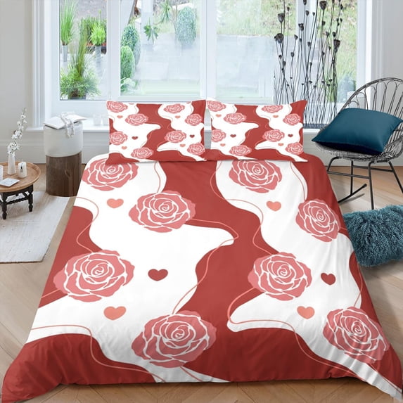 Roses Duvet Insert Floral Comforter Romantic Blossom Comforter Women Flower Red Love Duvet Lovers Couple Striped Bedding Comforter Sets Bedroom Decor