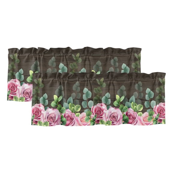 Roses Eucalyptus Leaf 2 Panels Kitchen Valance, Spring Watercolor Floral Walnut Wood Curtains Valances for Small Windows Rod Pocket Window Treatments for Living Room Bedroom 42" W x 12" L