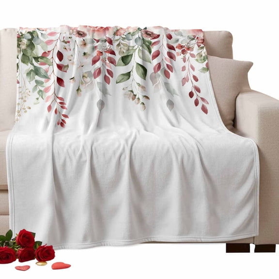 Roses Eucalyptus Leaf Fleece Throw Blanket Lightweight Valentine's Day Romantic Floral Fuzzy Flannel Throws Super Soft Cozy Flannel Blanket for Couch, Sofa, Bed, Travel 50"x80"