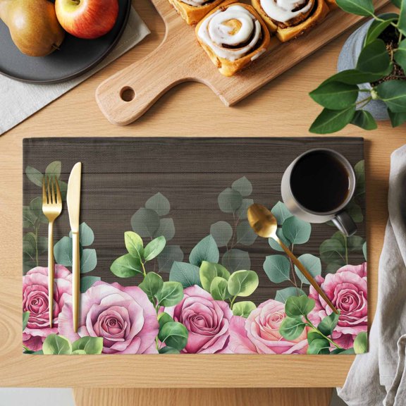 Roses Eucalyptus Leaf Placemats Set of 1, Spring Watercolor Floral Walnut Wood Heat Insulated Linen Place Mats, Washable Stain-Proof Table Mats for Dining Tables Holiday Decor 13x19 Inches