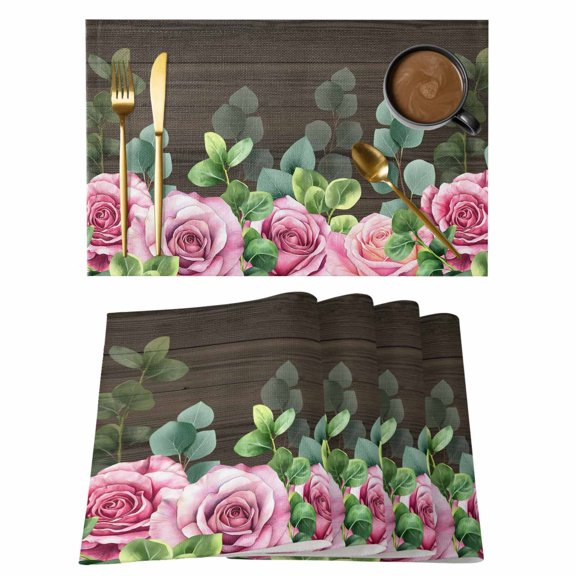 Roses Eucalyptus Leaf Placemats Set of 4, Spring Watercolor Floral Walnut Wood Non-Slip Place Mats Washable Table Mats for Kitchen Dining Table Decorations Indoor/Outdoor